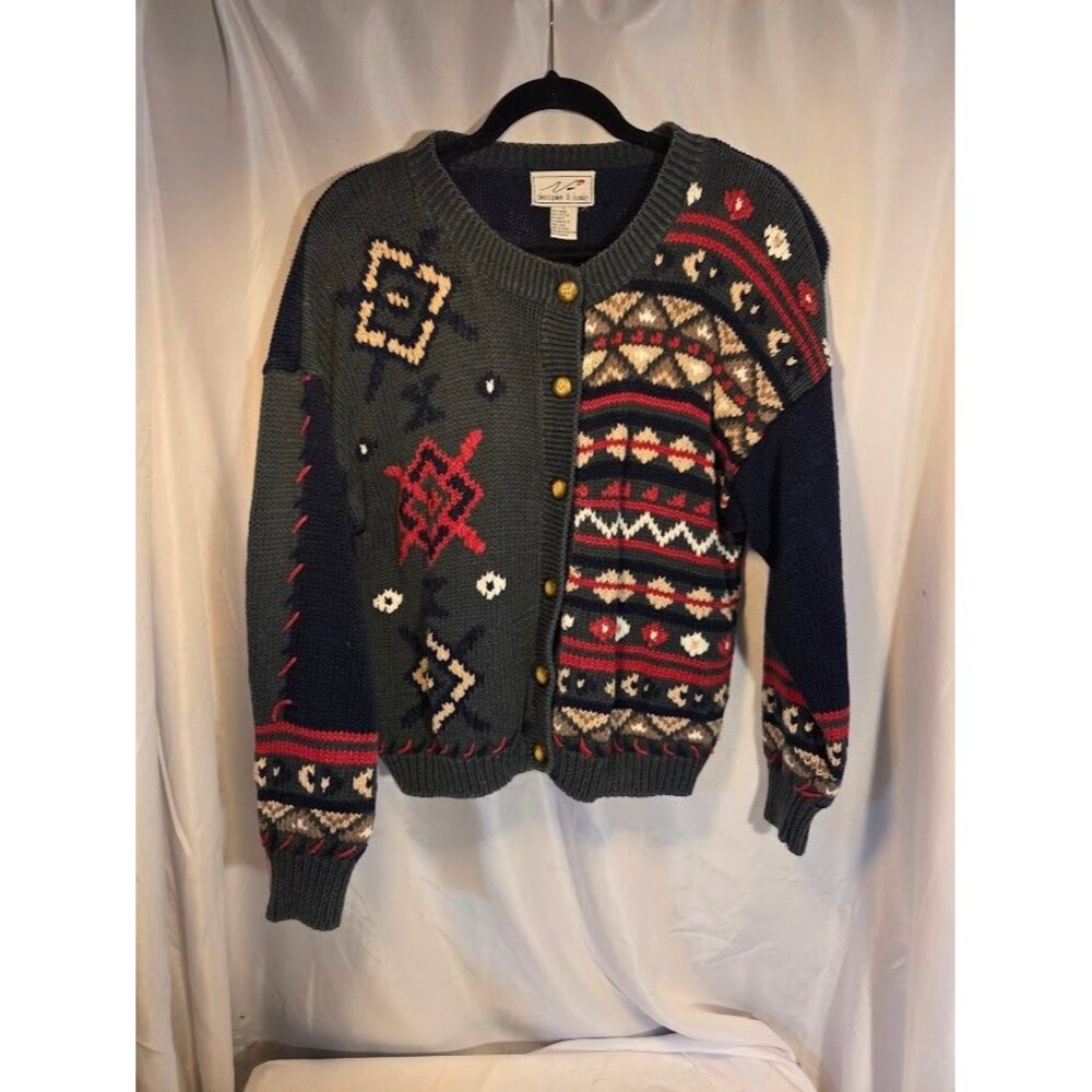 Vintage Christopher & Banks Patchwork Knit Cardigan Green Red Size M